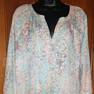 Cynthia Rowley Flowy Boho Blouse Sz M V neck Color Block Elastic wrists Medium.
